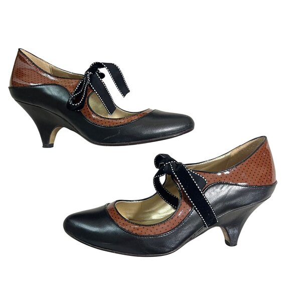 Poetic License heels women's 7 black brown leather bow tie - Picture 2 of 13